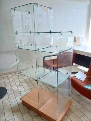 Glass bookshelf with wooden base, round table, sofa, armchair set, Sato desk, vintage chair like new