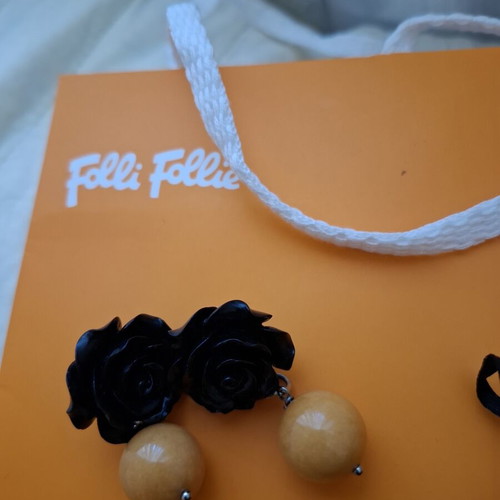 Folli Follie Earrings like new, black rose design with orange bead