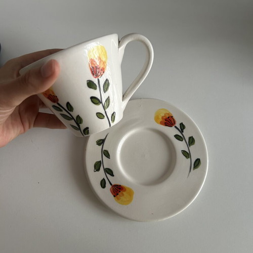 Handmade ceramic cup with saucer like new, handpainted