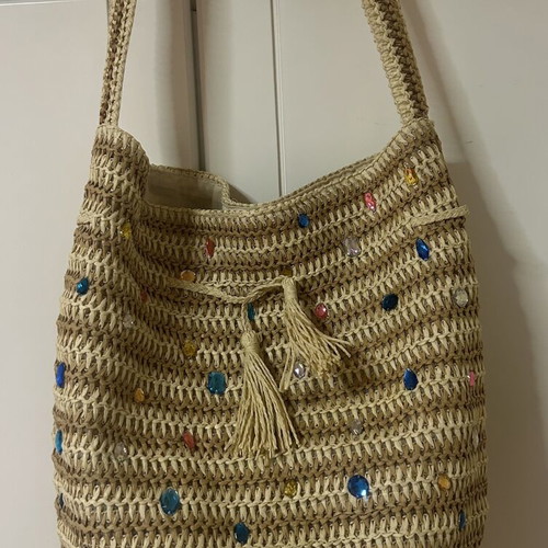 Calzedonia beige straw shoulder bag with multicolored stones