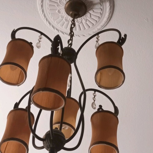 Exafoto chandelier like new with bronze base and decorative crystals