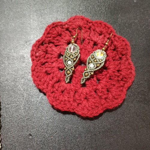 Macrame earrings new, khaki with opalite semi-precious stone