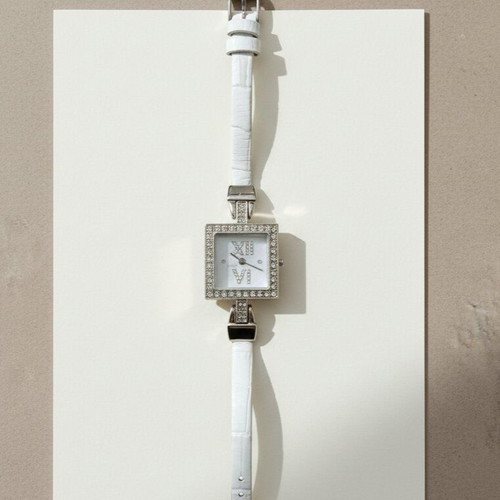Haurex women's watch like new, white with leather strap and rhinestones