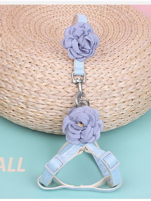 Dog/Cat Harness and Leash Set new, blue with rose design