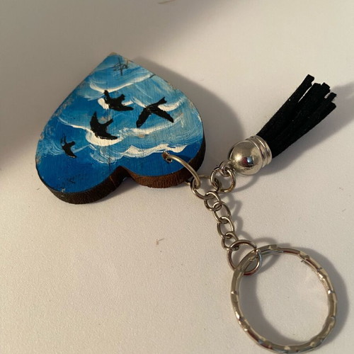 Hand-painted wooden heart keychain with leather tassel new