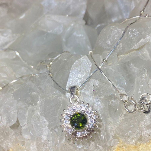 Silver pendant with natural intense green tourmaline and moissanite, new