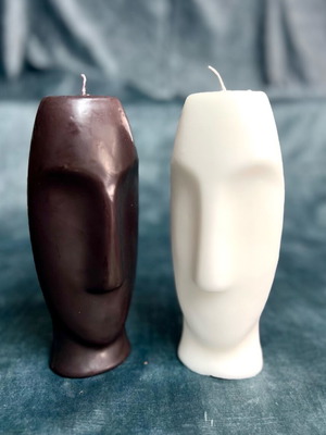 Decorative face candles set of 2, white and brown, new