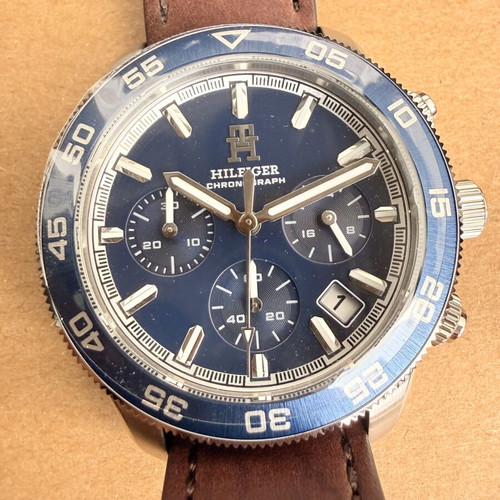 Tommy Hilfiger TH85 Chronograph Watch New, Blue Dial Brown Leather