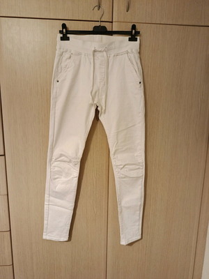 Denim pants white elastic with knee gathers and waistband, like new