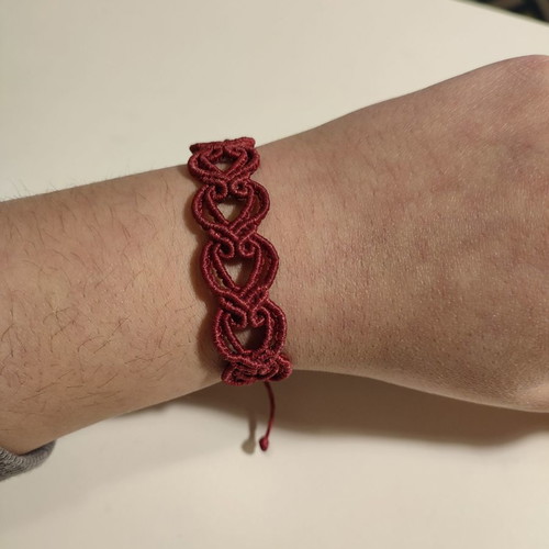 Macrame bracelet with heart shapes, new, dark red