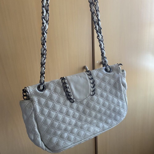 Quilted chain shoulder bag used, cream beige with decorative chains