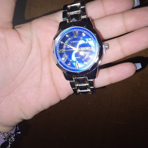 Ourstart men's watch new, stainless steel, silver and gold with blue dial
