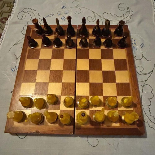 Amber Chess Set used, Soviet Union, pressed elektron material