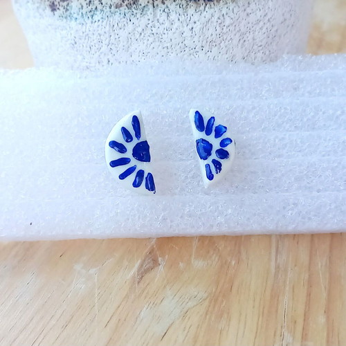 Handmade ceramic earrings with hand-painted designs and glass coating