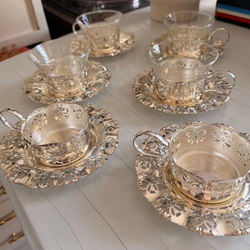 Vintage tea set 6 cups with glass and perforated metal bases like new