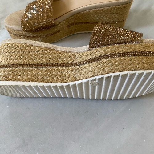 Gold slippers with straw platform and rhinestones like new