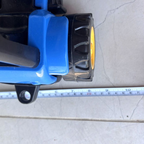 Plastic bulldozer toy used, blue and yellow