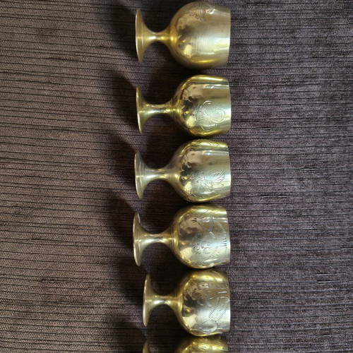Vintage brass liqueur glasses set of 6 with engraved designs, handmade