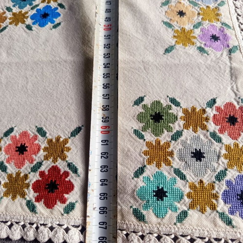 Vintage handmade tablecloth with colorful embroidered flowers like new