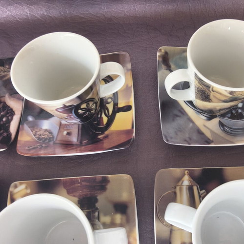Vintage coffee art espresso cup set with saucers, 6 pieces