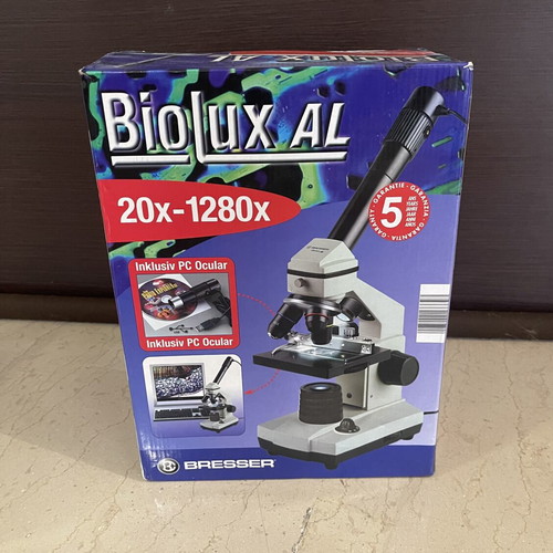 Bresser Biolux AL Microscope new, 20x-1280x, vintage 2004, wooden case