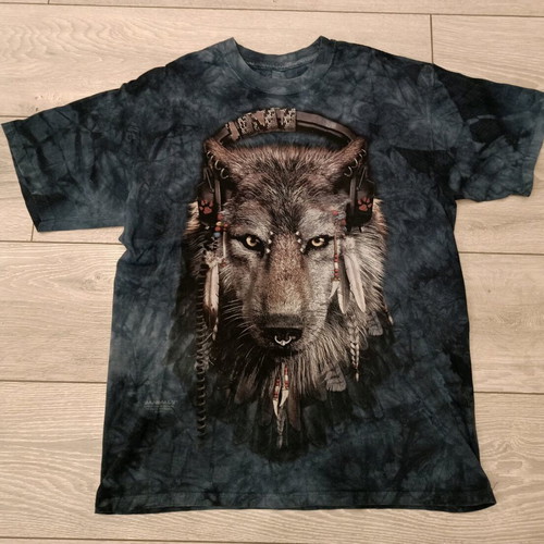 The Mountain T-shirt with wolf print and headphones, used, indigo tie-dye