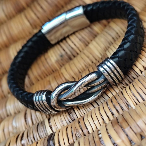 Men's leather bracelet with stainless steel nautical knot new