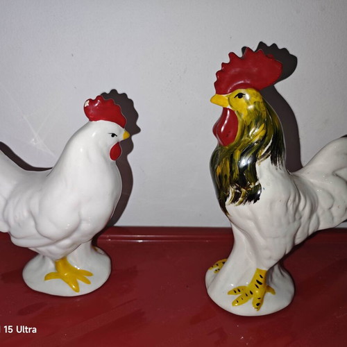 Vintage ceramic rooster and hen set used