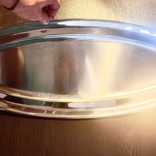 Oval stainless steel serving platter fish-shaped with gold details like new