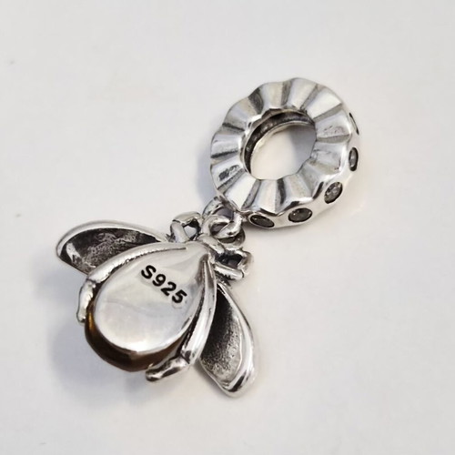 Silver bee charm with yellow crystal and zircon, new