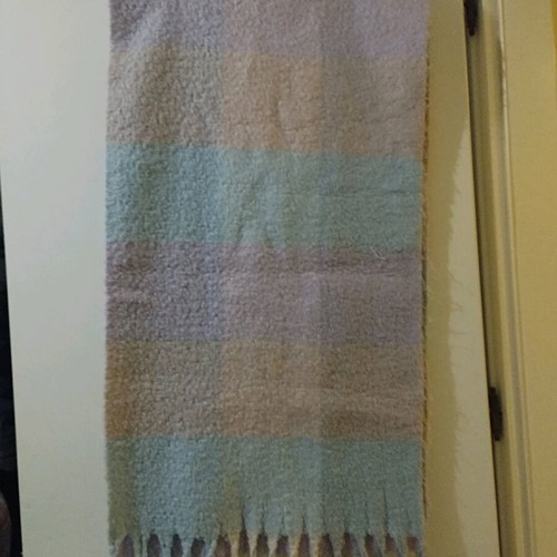 Fluffy scarf like new, blue and pink with fringes