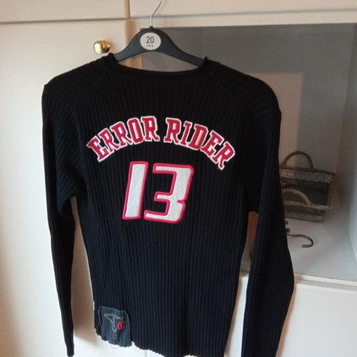 Error Jeans vintage men's knitted sweater black with Error Rider 13 print, like new