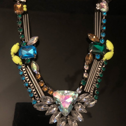 Statement necklace like new with multicolored stones and black satin ribbon