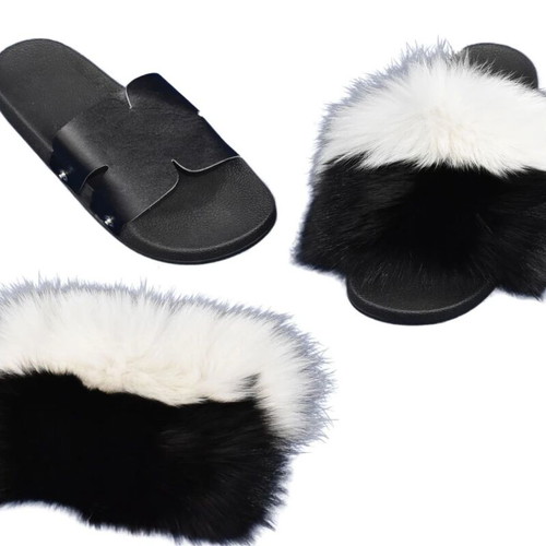 Authentic fox fur slippers new, black and white, size 38