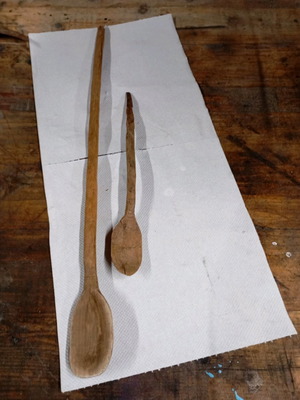Wooden spoons handmade used, set of 2, circa 1900