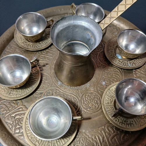 Coffee set bronze vintage used, 6 cups, saucers and briki