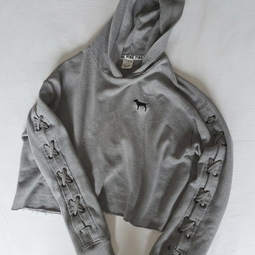 PINK Victoria’s Secret grey cropped hoodie with lace-up sleeves, like new, size M