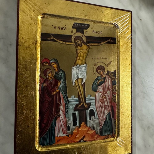 Byzantine Crucifixion icon like new, wood with gold leaf