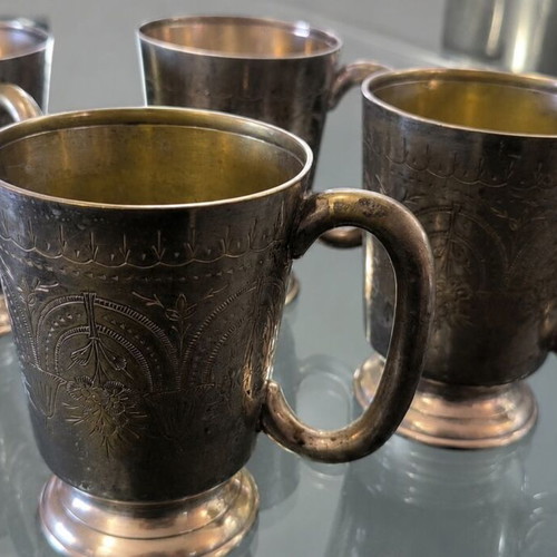 Silver-Plated Vintage Wine Cups set of 4 used, ornate floral engraving