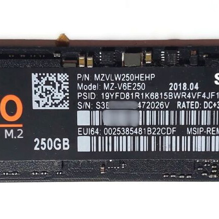 Samsung 960 EVO NVMe M.2 SSD 250GB like new, 2280 size