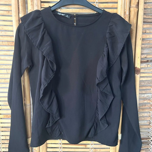 Style Essential black ruffle blouse, size S