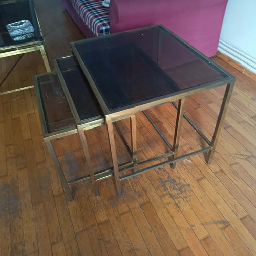Vintage coffee tables set with brass frame and smoked glass used