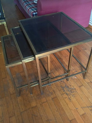 Vintage coffee tables set with brass frame and smoked glass used