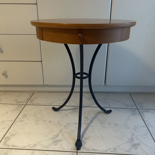 Wooden nightstand used with metal base and drawer