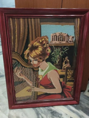 Vintage handmade textile painting used, 75x56 cm