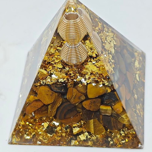Orgonite pyramid with Tiger's Eye and gold leaves like new