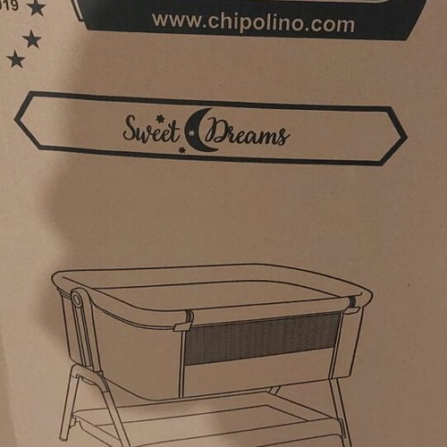 Chipolino gray baby cot used with Grecostrom mattress and mosquito net