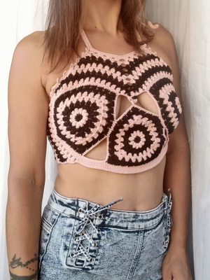 Handmade knitted women's backless top new, size Small, black and pink
