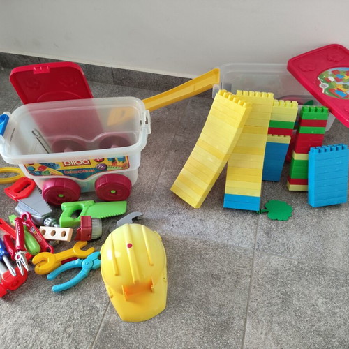 Building blocks and various tools in sliding trolley like new