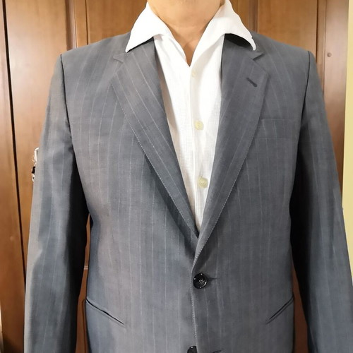 Gray striped men's summer suit by E. Loumos, used, size 50 jacket, altered pants